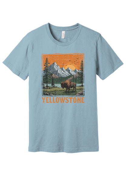 Yellowstone vintage bison mountain sunset printed unisex tee, national park shirt in Light Blue