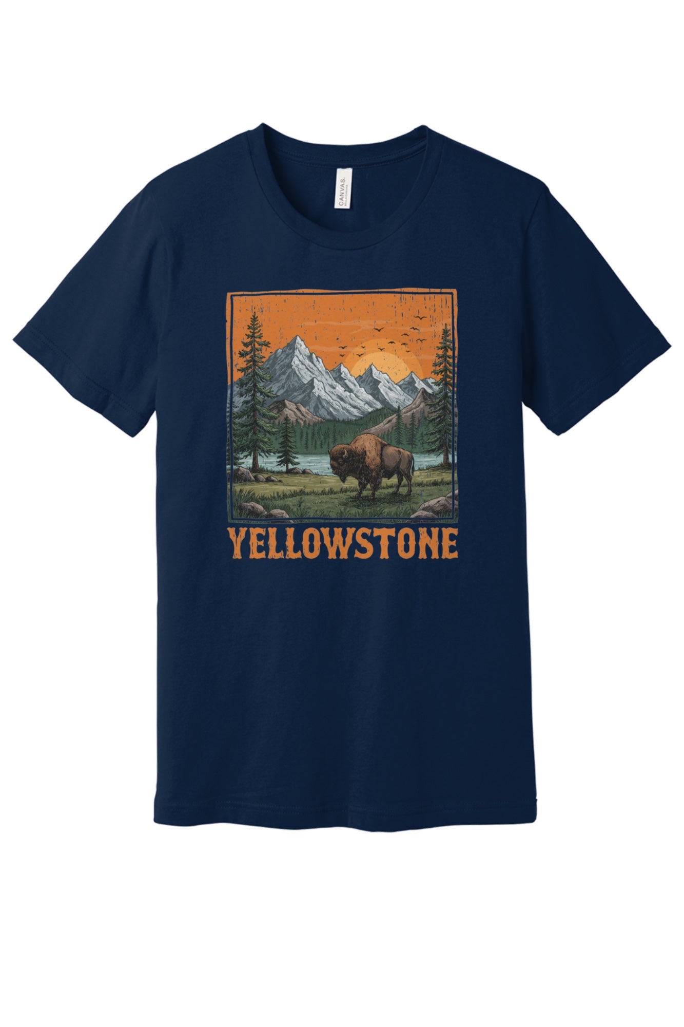 Yellowstone vintage bison mountain sunset printed unisex tee, national park shirt in Navy