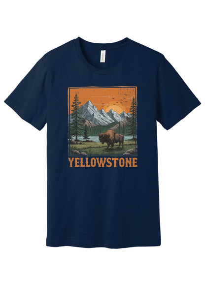 Yellowstone vintage bison mountain sunset printed unisex tee, national park shirt in Navy