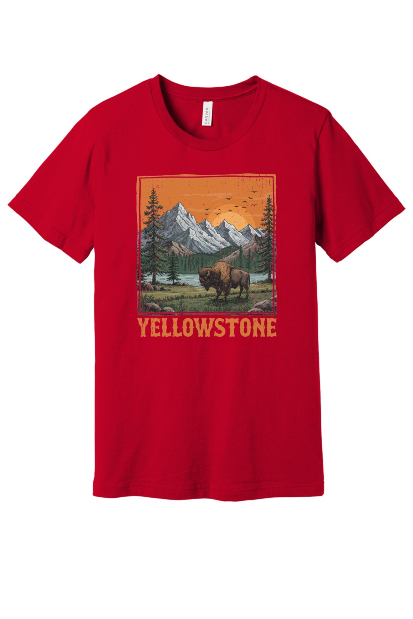 Yellowstone vintage bison mountain sunset printed unisex tee, national park shirt in Red
