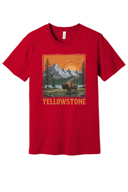 Yellowstone vintage bison mountain sunset printed unisex tee, national park shirt in Red