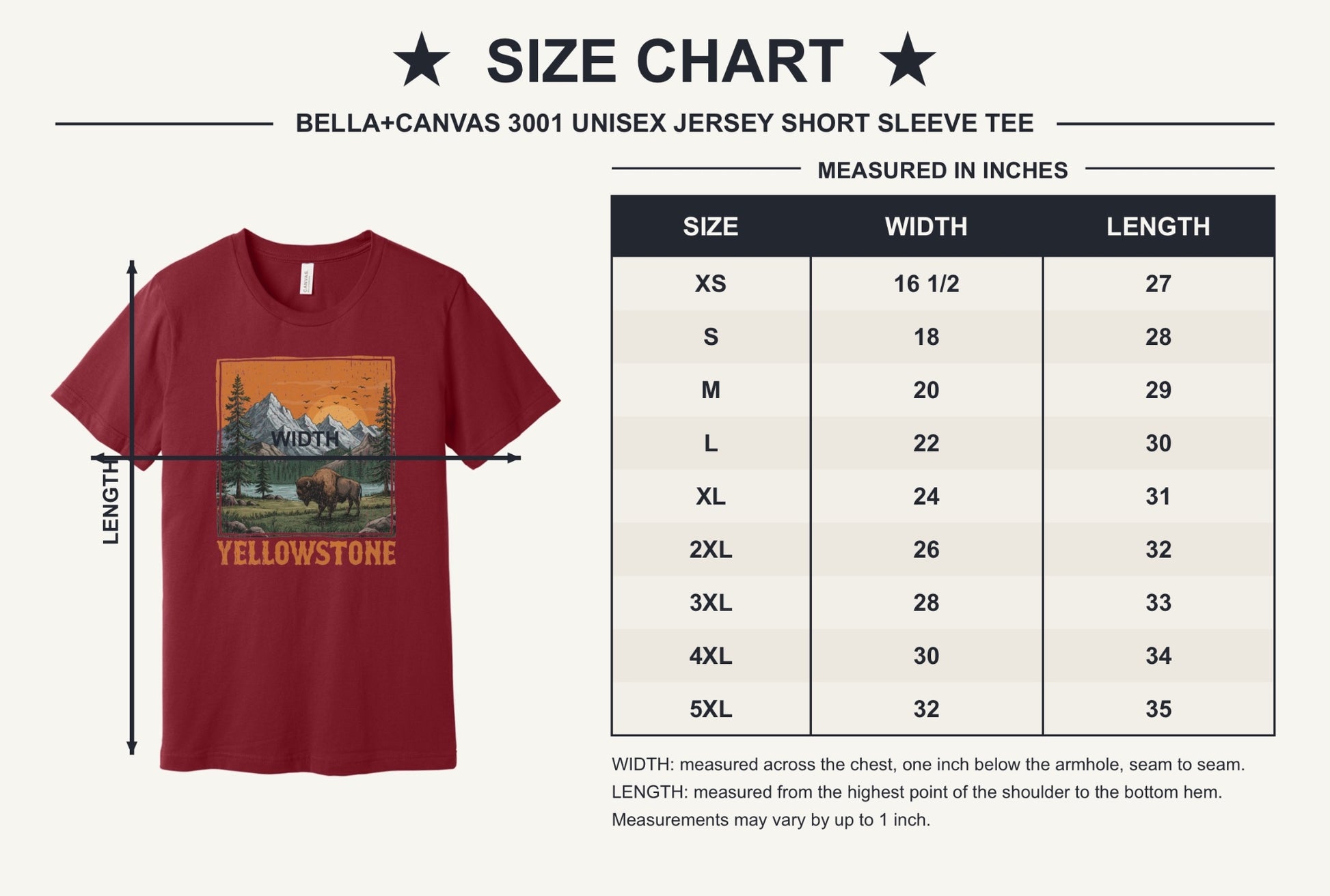 Yellowstone vintage bison mountain sunset printed unisex tee, national park shirt - size chart
