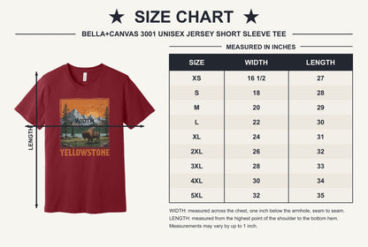 Yellowstone vintage bison mountain sunset printed unisex tee, national park shirt - size chart