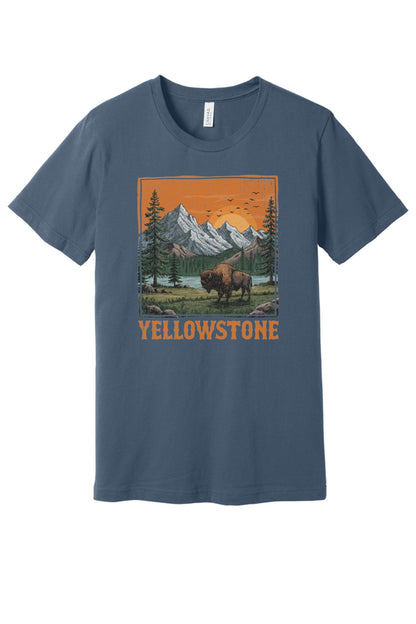 Yellowstone vintage bison mountain sunset printed unisex tee, national park shirt in Slate