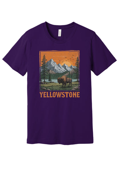 Yellowstone vintage bison mountain sunset printed unisex tee, national park shirt in Team Purple