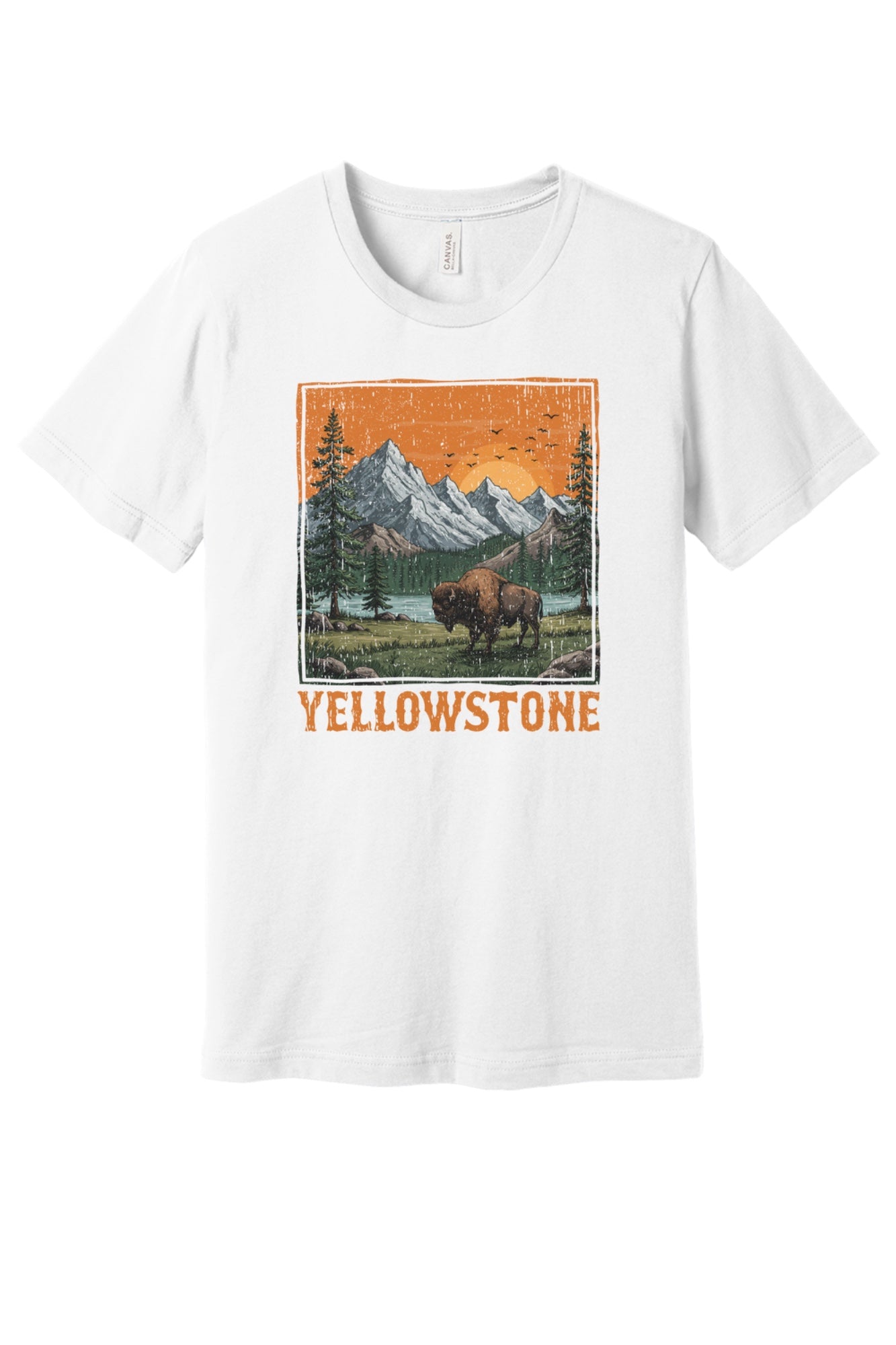 Yellowstone vintage bison mountain sunset printed unisex tee, national park shirt in White