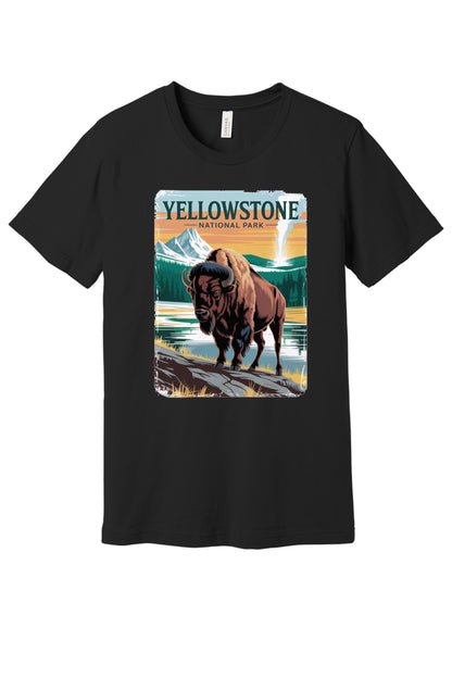 Yellowstone National Park vintage bison poster graphic tee printed on a BELLA+CANVAS 3001 unisex short sleeve shirt in Black