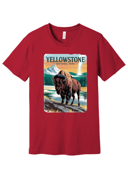Yellowstone National Park vintage bison poster graphic tee printed on a BELLA+CANVAS 3001 unisex short sleeve shirt in Canvas Red