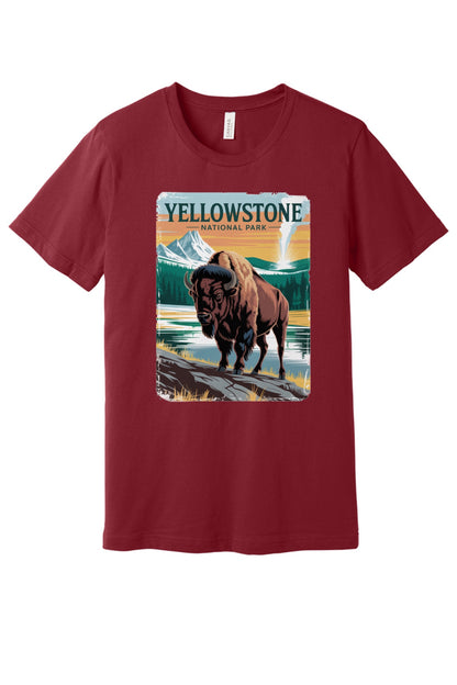 Yellowstone National Park vintage bison poster graphic tee printed on a BELLA+CANVAS 3001 unisex short sleeve shirt in Cardinal