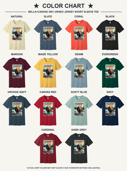 Yellowstone National Park vintage bison poster graphic tee printed on a BELLA+CANVAS 3001 unisex short sleeve shirt - available shirt colors chart