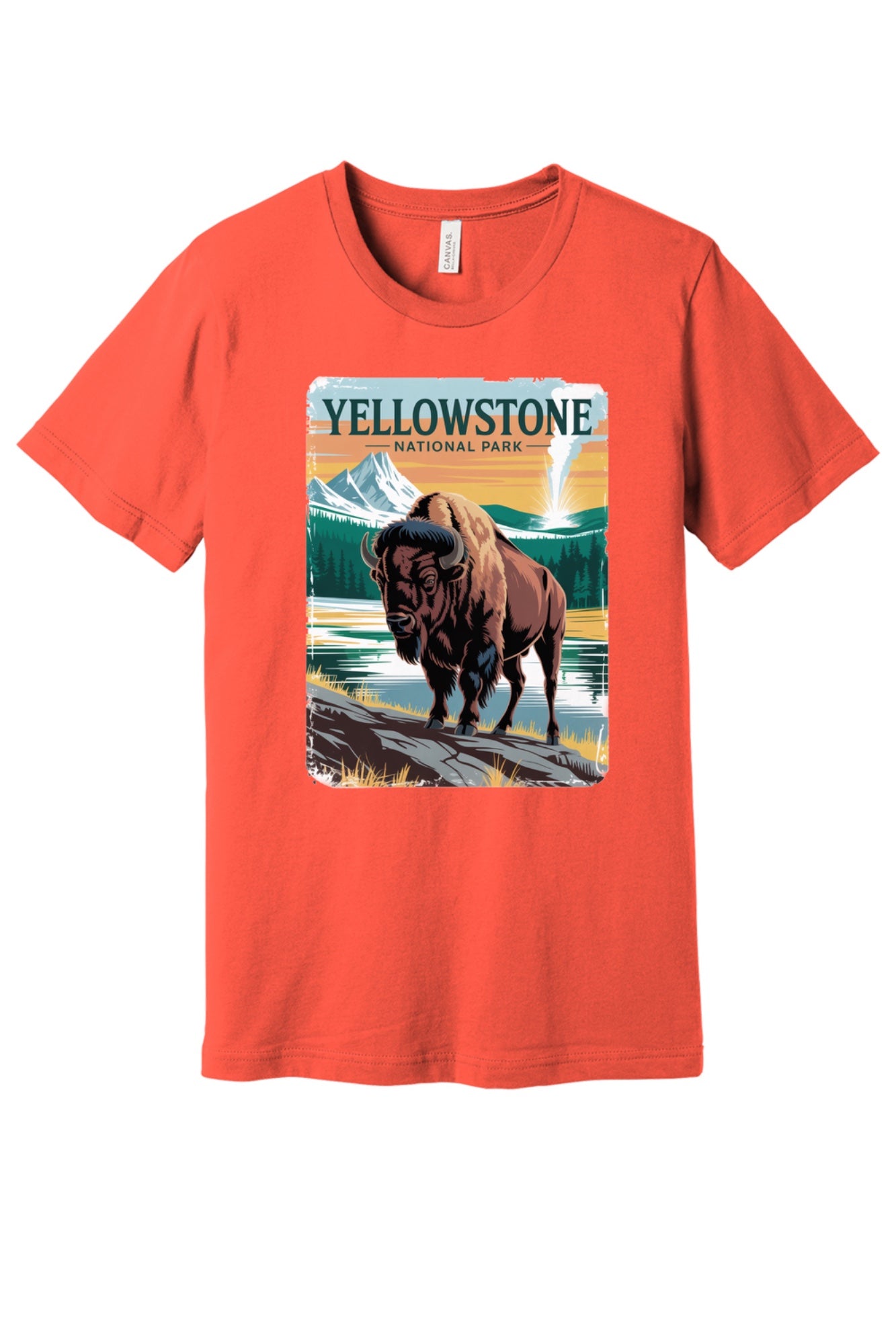 Yellowstone National Park vintage bison poster graphic tee printed on a BELLA+CANVAS 3001 unisex short sleeve shirt in Coral