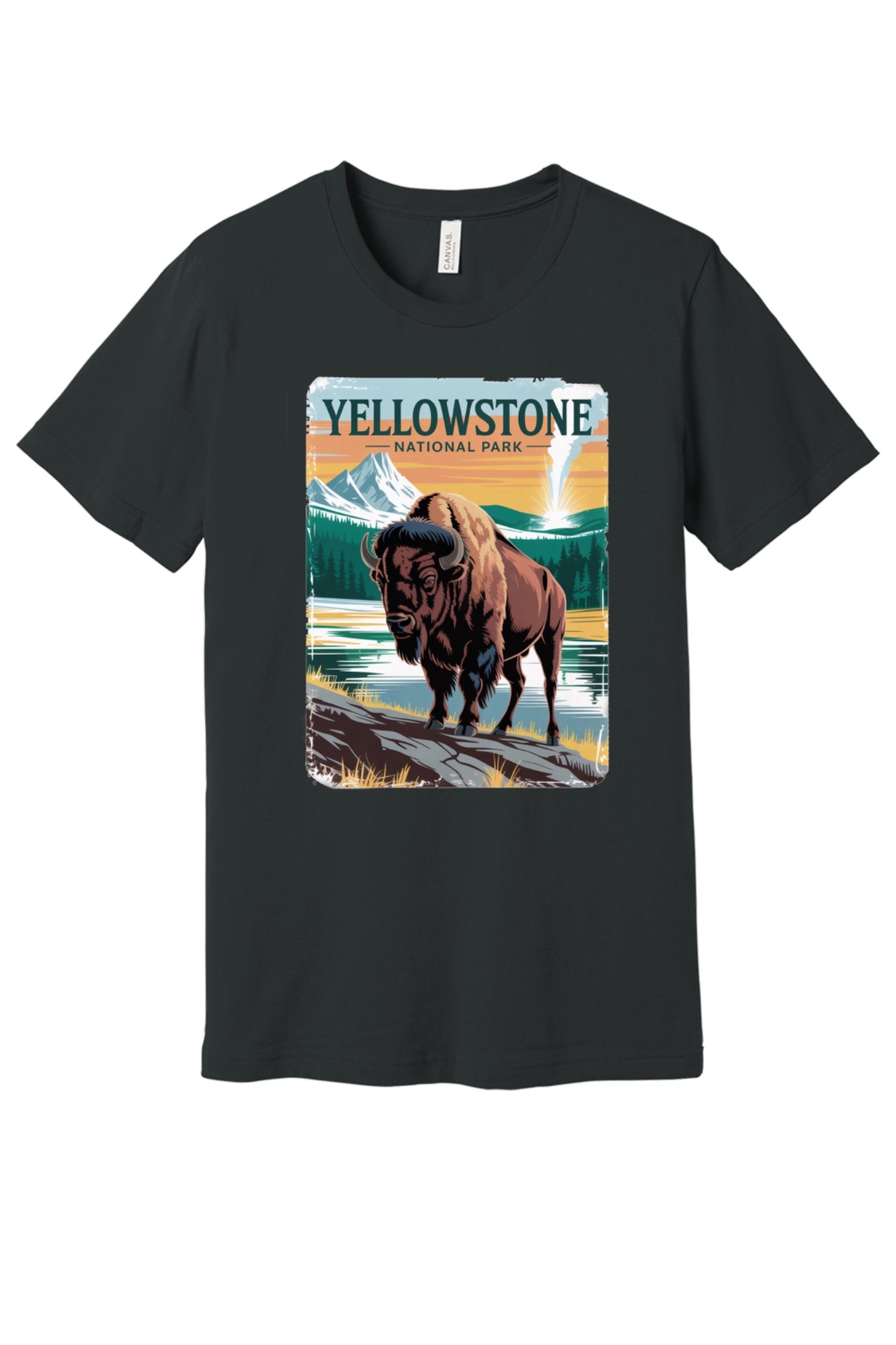 Yellowstone National Park vintage bison poster graphic tee printed on a BELLA+CANVAS 3001 unisex short sleeve shirt in Dark Grey
