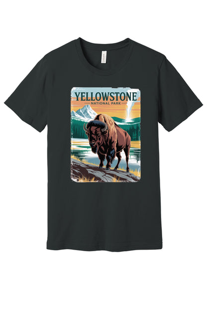Yellowstone National Park vintage bison poster graphic tee printed on a BELLA+CANVAS 3001 unisex short sleeve shirt in Dark Grey
