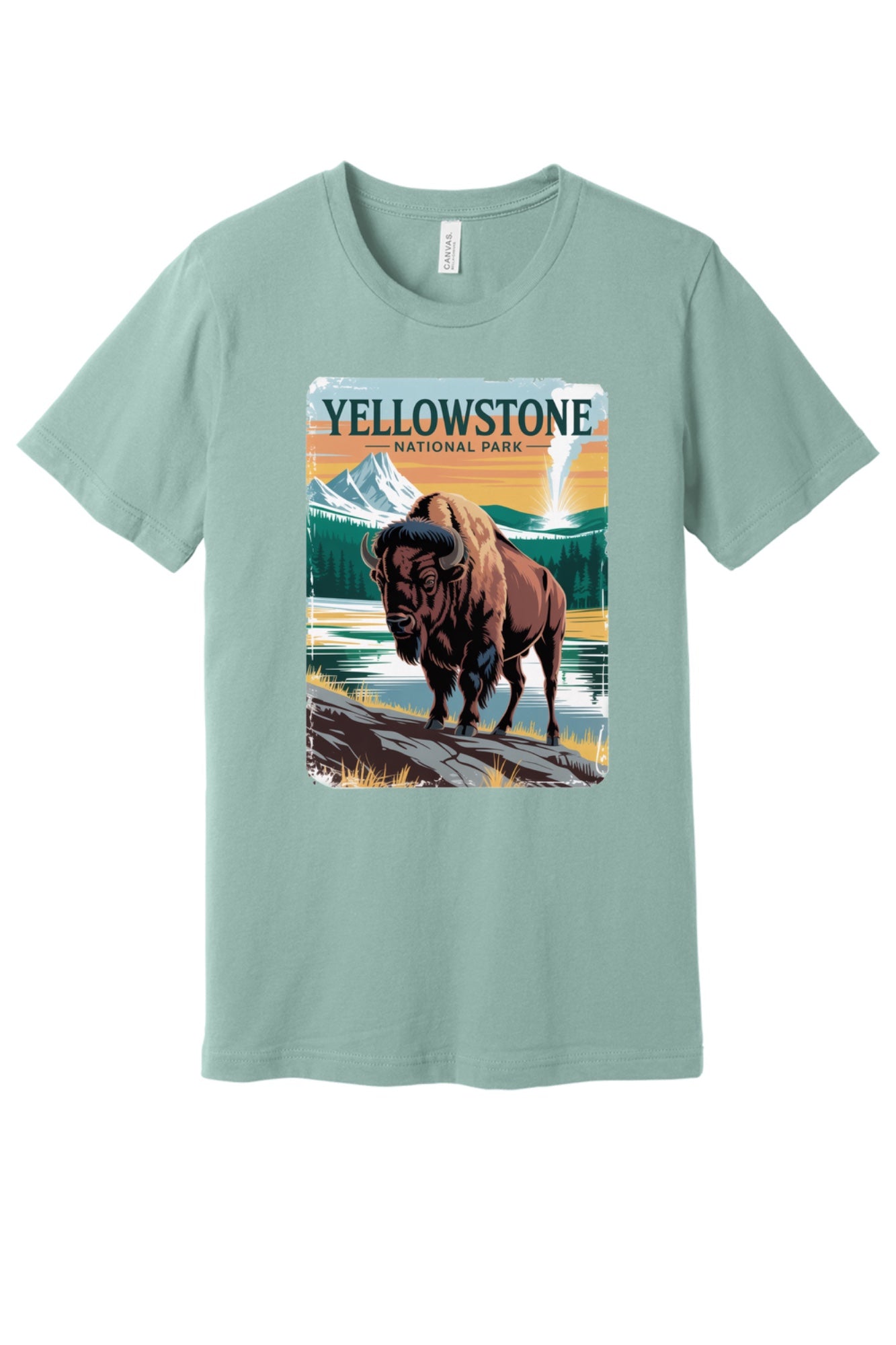 Yellowstone National Park vintage bison poster graphic tee printed on a BELLA+CANVAS 3001 unisex short sleeve shirt in Dusty Blue