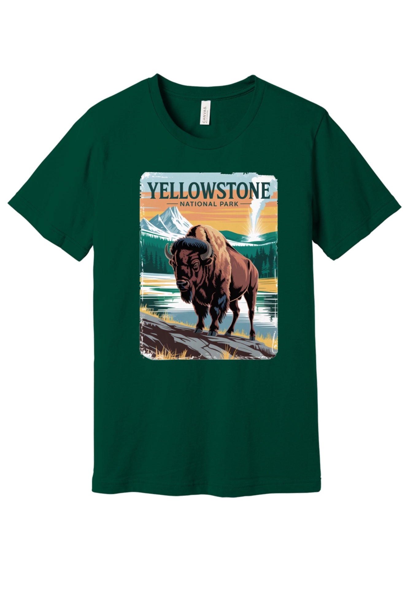 Yellowstone National Park vintage bison poster graphic tee printed on a BELLA+CANVAS 3001 unisex short sleeve shirt in Evergreen