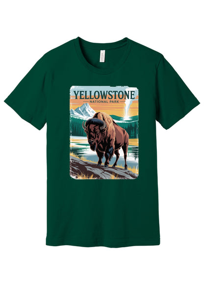 Yellowstone National Park vintage bison poster graphic tee printed on a BELLA+CANVAS 3001 unisex short sleeve shirt in Evergreen