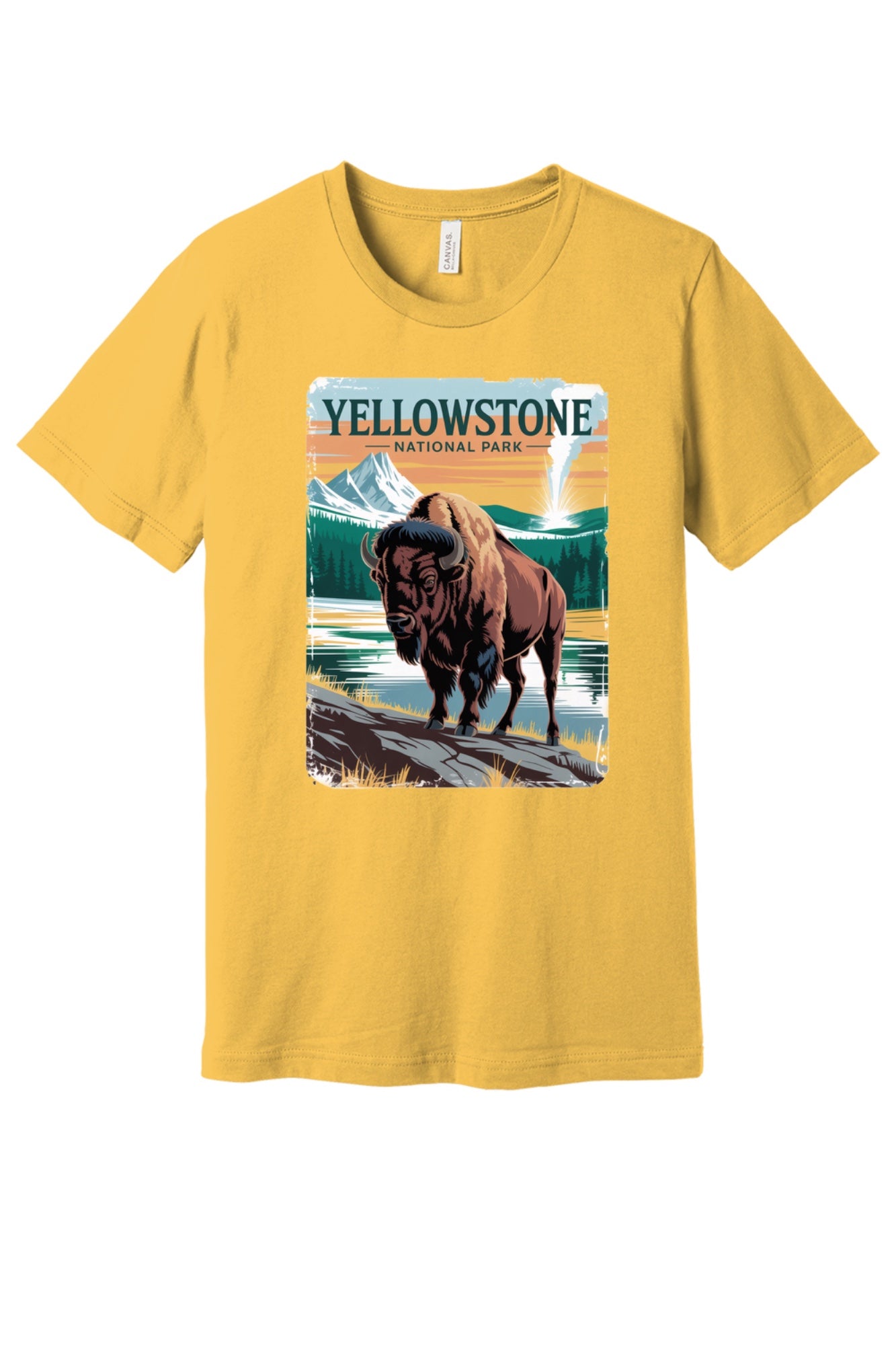 Yellowstone National Park vintage bison poster graphic tee printed on a BELLA+CANVAS 3001 unisex short sleeve shirt in Maize Yellow