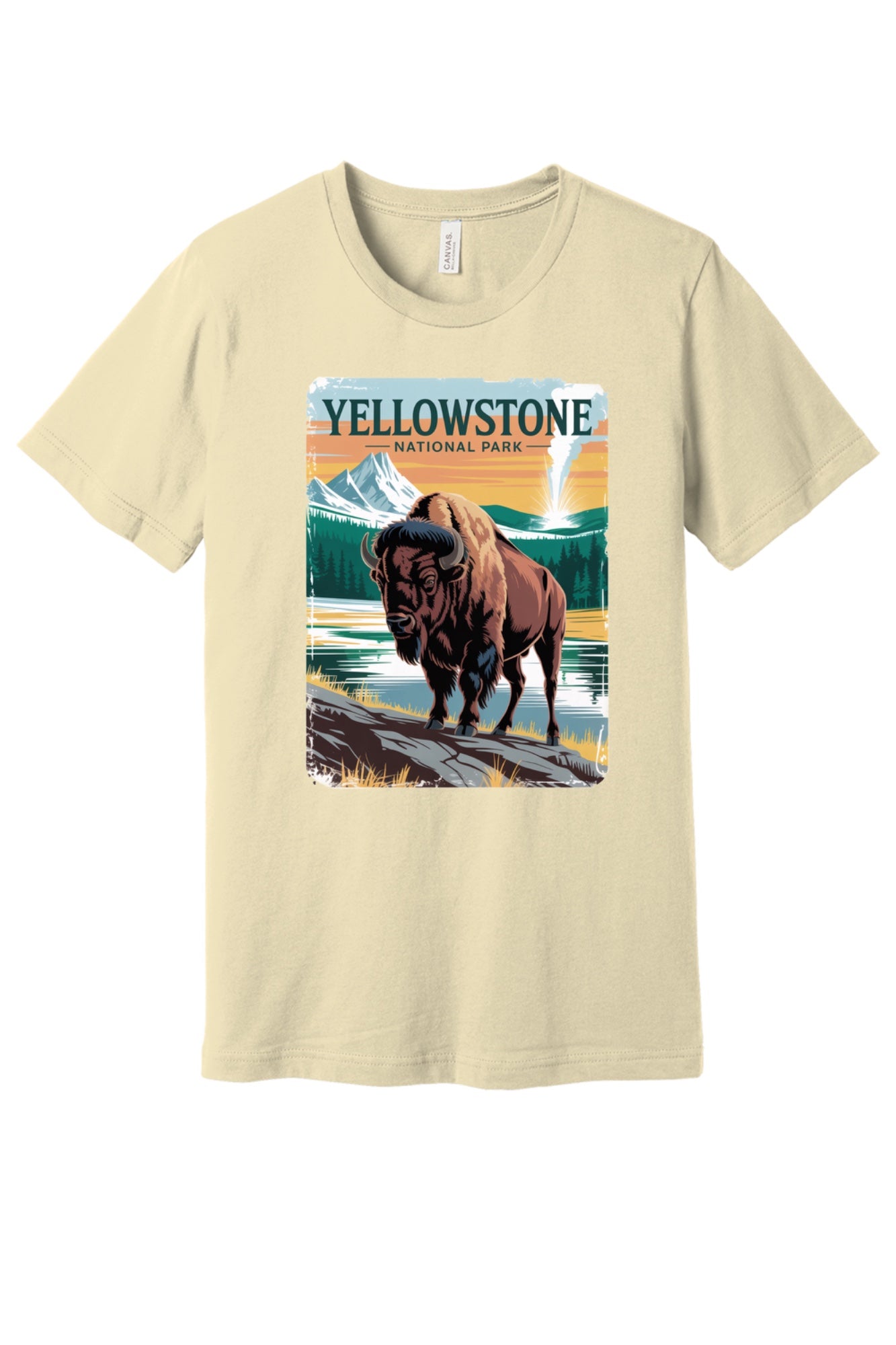 Yellowstone National Park vintage bison poster graphic tee printed on a BELLA+CANVAS 3001 unisex short sleeve shirt in Natural