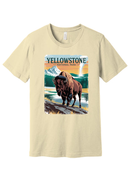 Yellowstone National Park vintage bison poster graphic tee printed on a BELLA+CANVAS 3001 unisex short sleeve shirt in Natural
