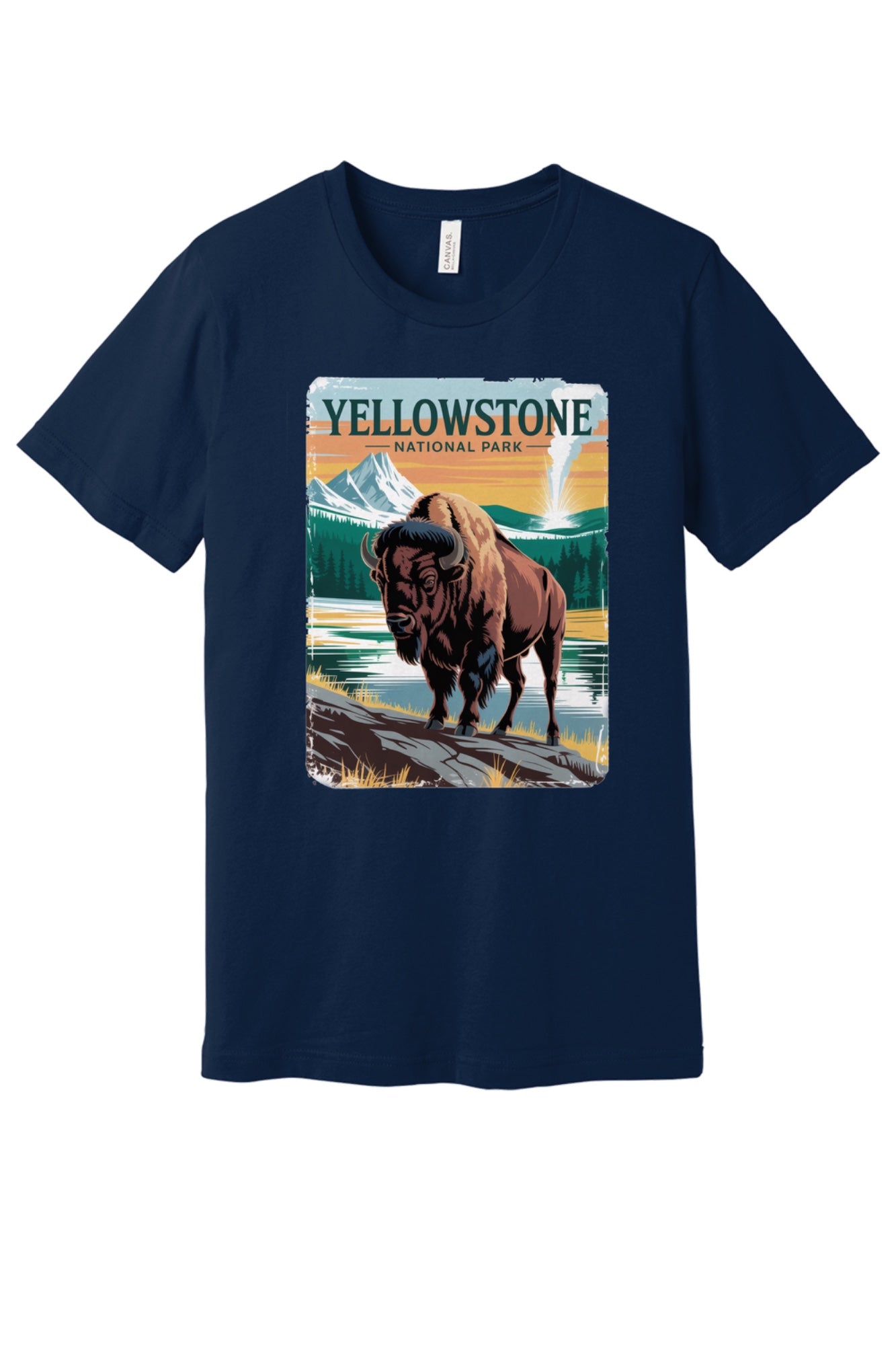 Yellowstone National Park vintage bison poster graphic tee printed on a BELLA+CANVAS 3001 unisex short sleeve shirt in Navy