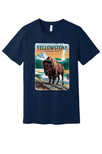 Yellowstone National Park vintage bison poster graphic tee printed on a BELLA+CANVAS 3001 unisex short sleeve shirt in Navy