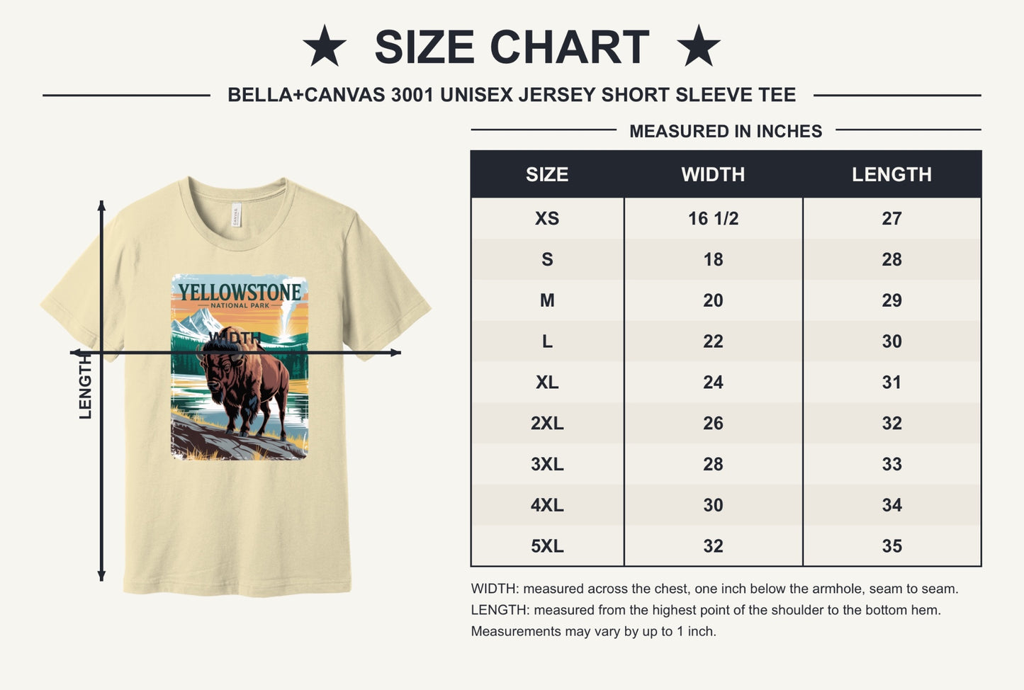 Yellowstone National Park vintage bison poster graphic tee printed on a BELLA+CANVAS 3001 unisex short sleeve shirt - size chart