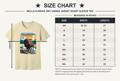 Yellowstone National Park vintage bison poster graphic tee printed on a BELLA+CANVAS 3001 unisex short sleeve shirt - size chart
