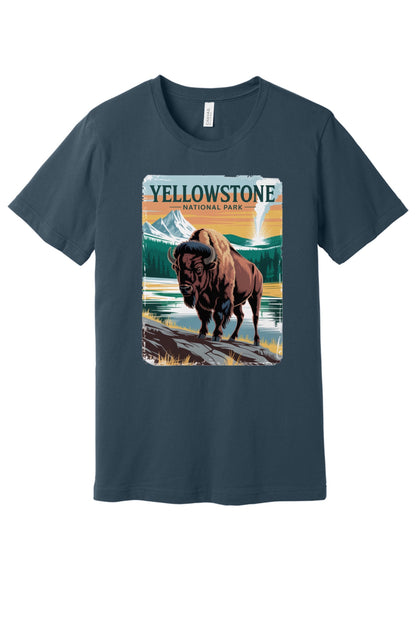 Yellowstone National Park vintage bison poster graphic tee printed on a BELLA+CANVAS 3001 unisex short sleeve shirt in Vintage Navy