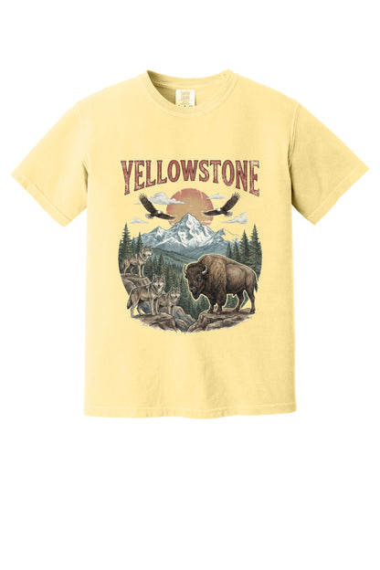 Yellowstone national park tee with wolves, bison, eagles, and mountain print on a heavyweight garment-dyed shirt in Butter