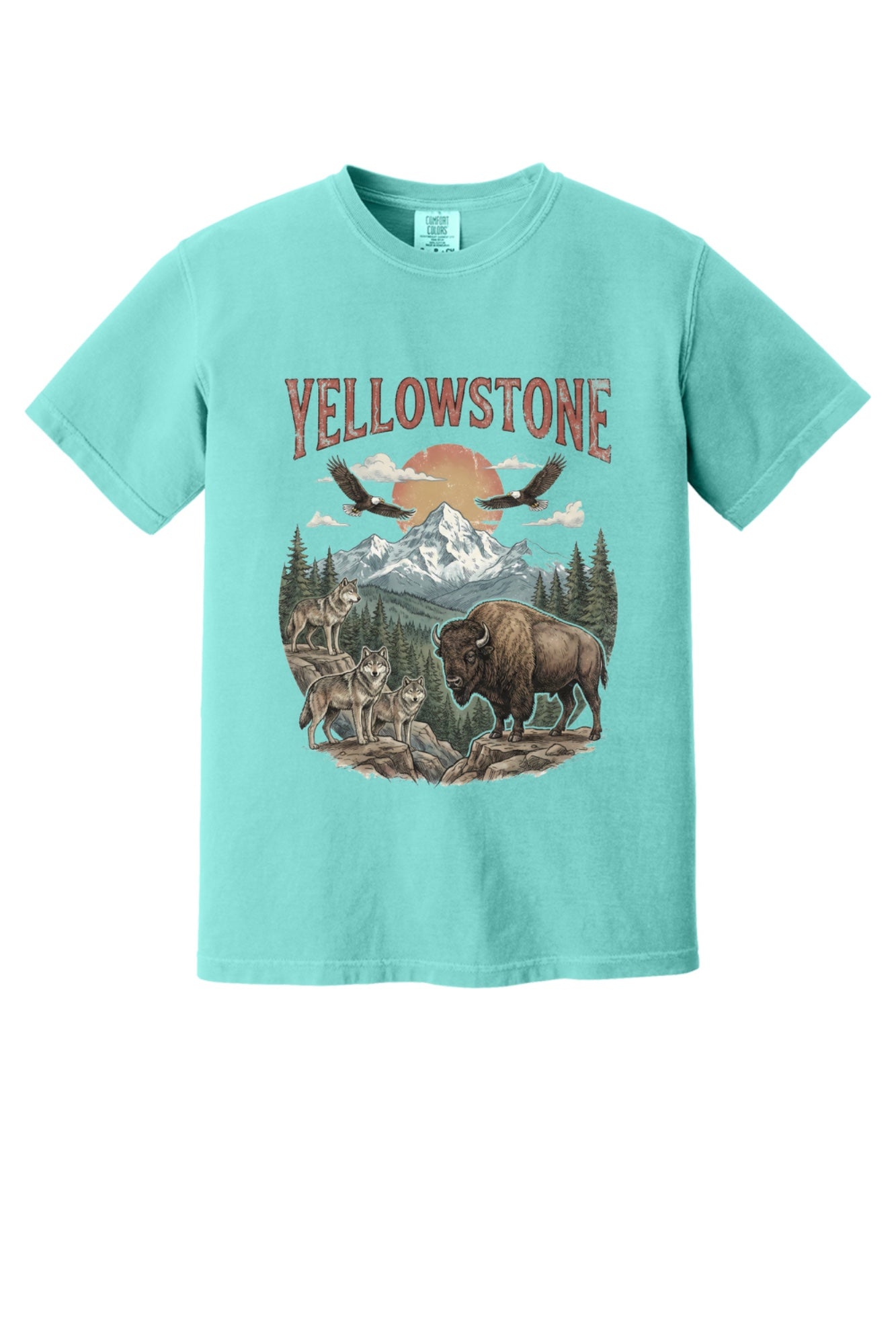 Yellowstone national park tee with wolves, bison, eagles, and mountain print on a heavyweight garment-dyed shirt in Chalky Mint