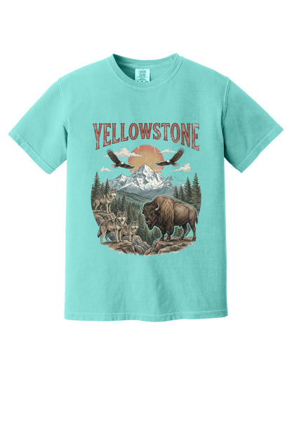 Yellowstone national park tee with wolves, bison, eagles, and mountain print on a heavyweight garment-dyed shirt in Chalky Mint