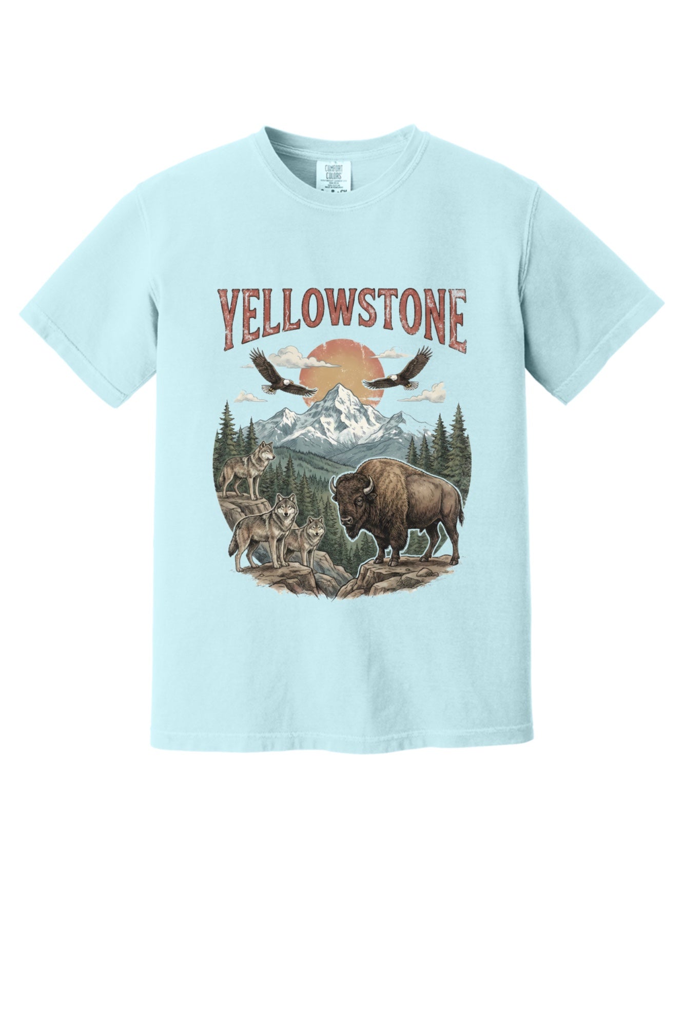 Yellowstone national park tee with wolves, bison, eagles, and mountain print on a heavyweight garment-dyed shirt in Chambray
