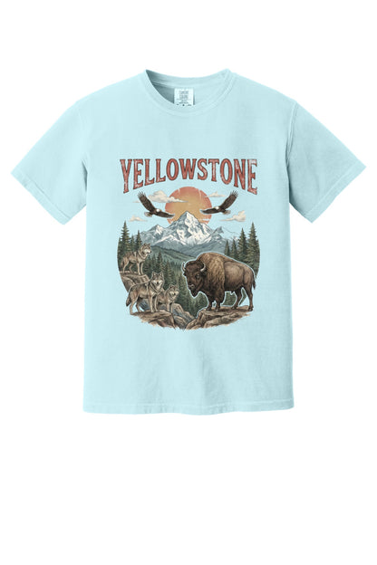 Yellowstone national park tee with wolves, bison, eagles, and mountain print on a heavyweight garment-dyed shirt in Chambray