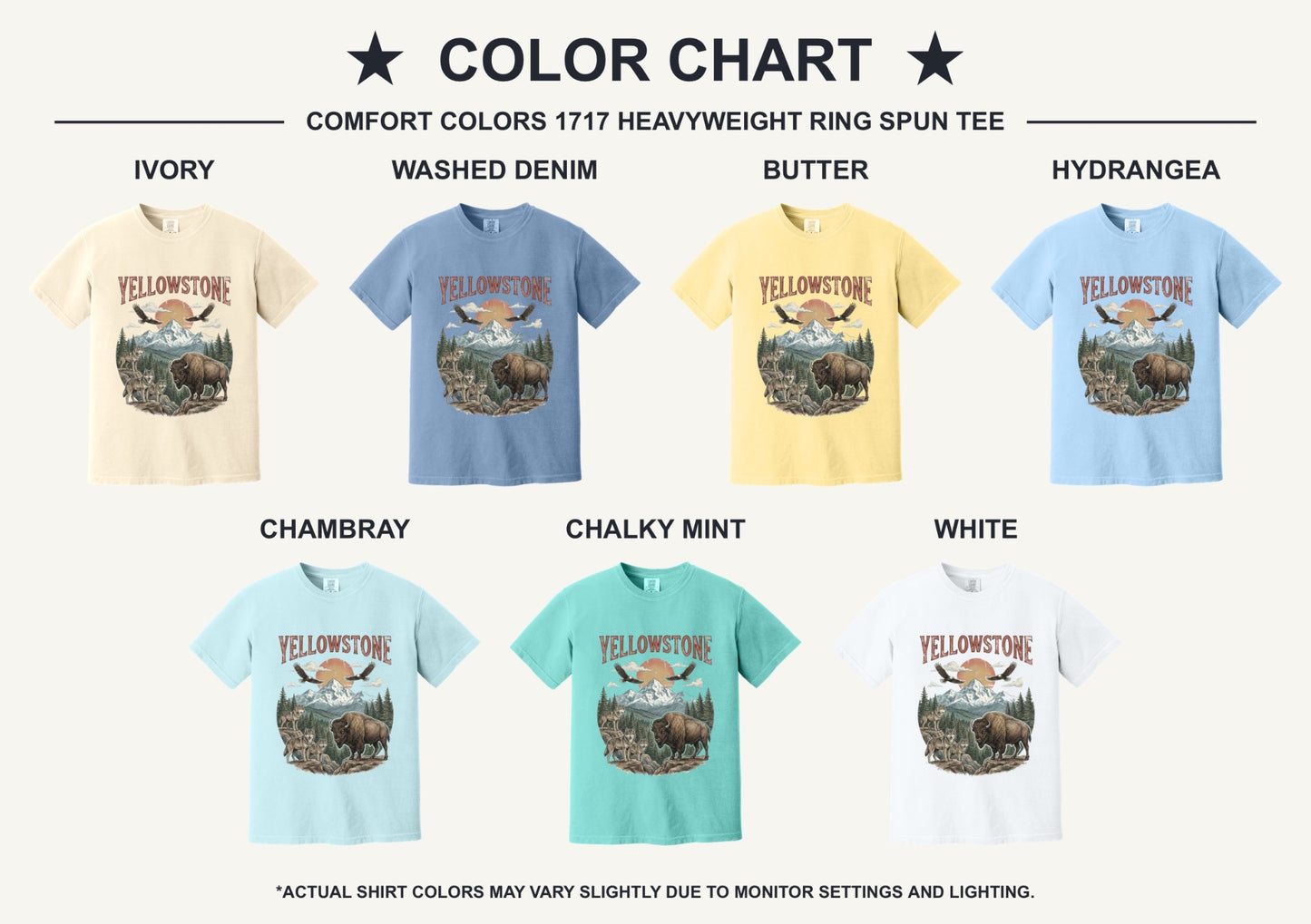 Yellowstone national park tee with wolves, bison, eagles, and mountain print on a heavyweight garment-dyed shirt - available shirt colors chart
