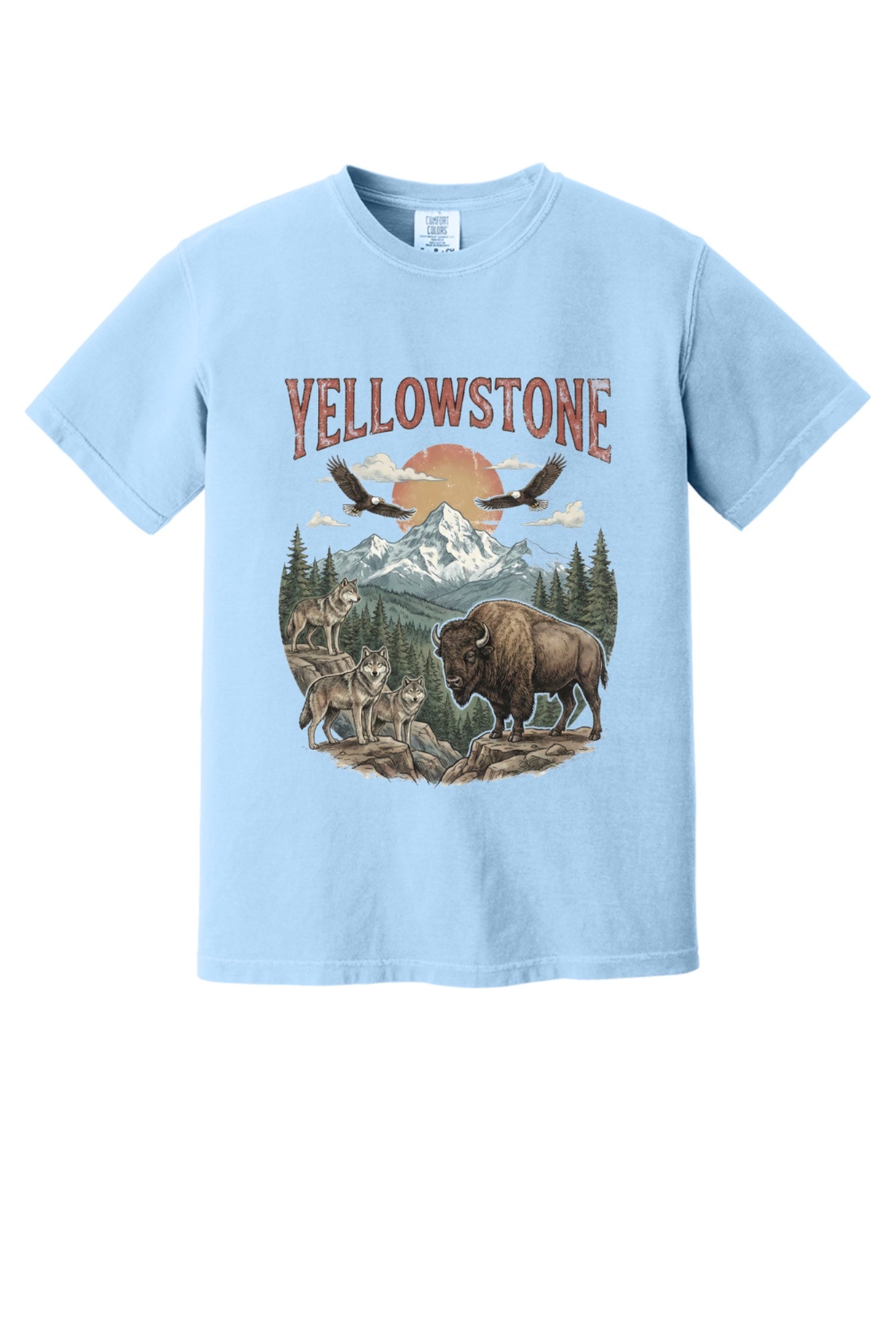 Yellowstone national park tee with wolves, bison, eagles, and mountain print on a heavyweight garment-dyed shirt in Hydrangea