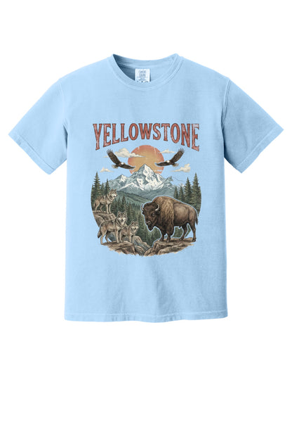 Yellowstone national park tee with wolves, bison, eagles, and mountain print on a heavyweight garment-dyed shirt in Hydrangea