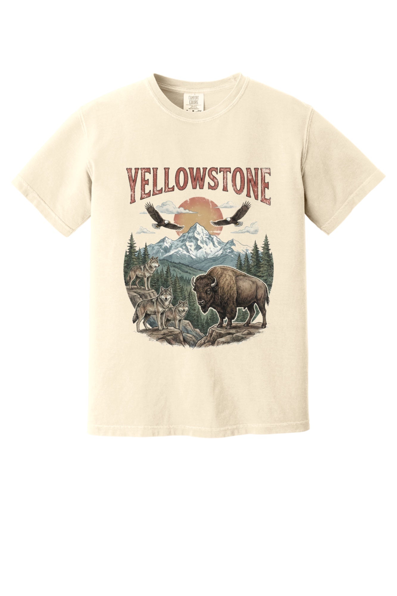 Yellowstone national park tee with wolves, bison, eagles, and mountain print on a heavyweight garment-dyed shirt in Ivory