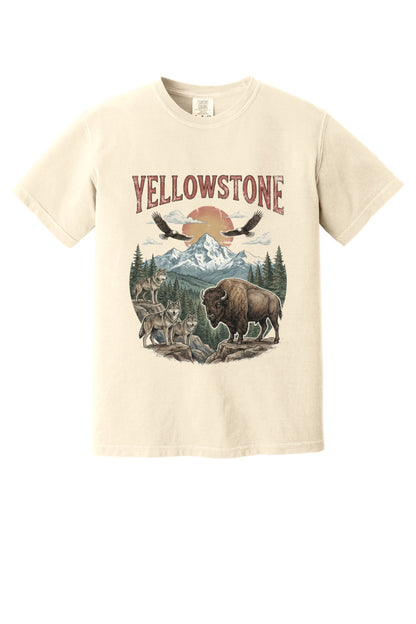Yellowstone national park tee with wolves, bison, eagles, and mountain print on a heavyweight garment-dyed shirt in Ivory