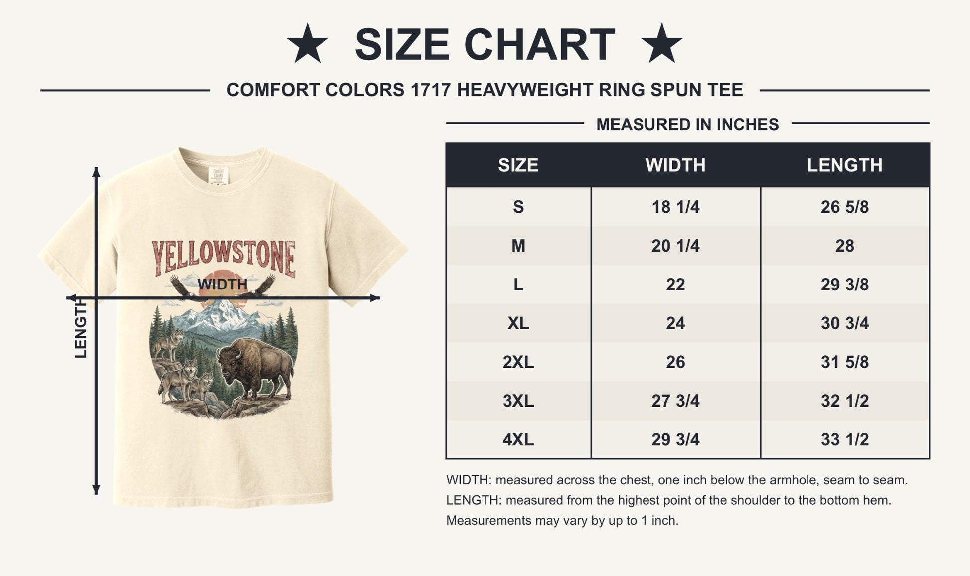 Yellowstone national park tee with wolves, bison, eagles, and mountain print on a heavyweight garment-dyed shirt - size chart