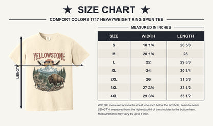 Yellowstone national park tee with wolves, bison, eagles, and mountain print on a heavyweight garment-dyed shirt - size chart
