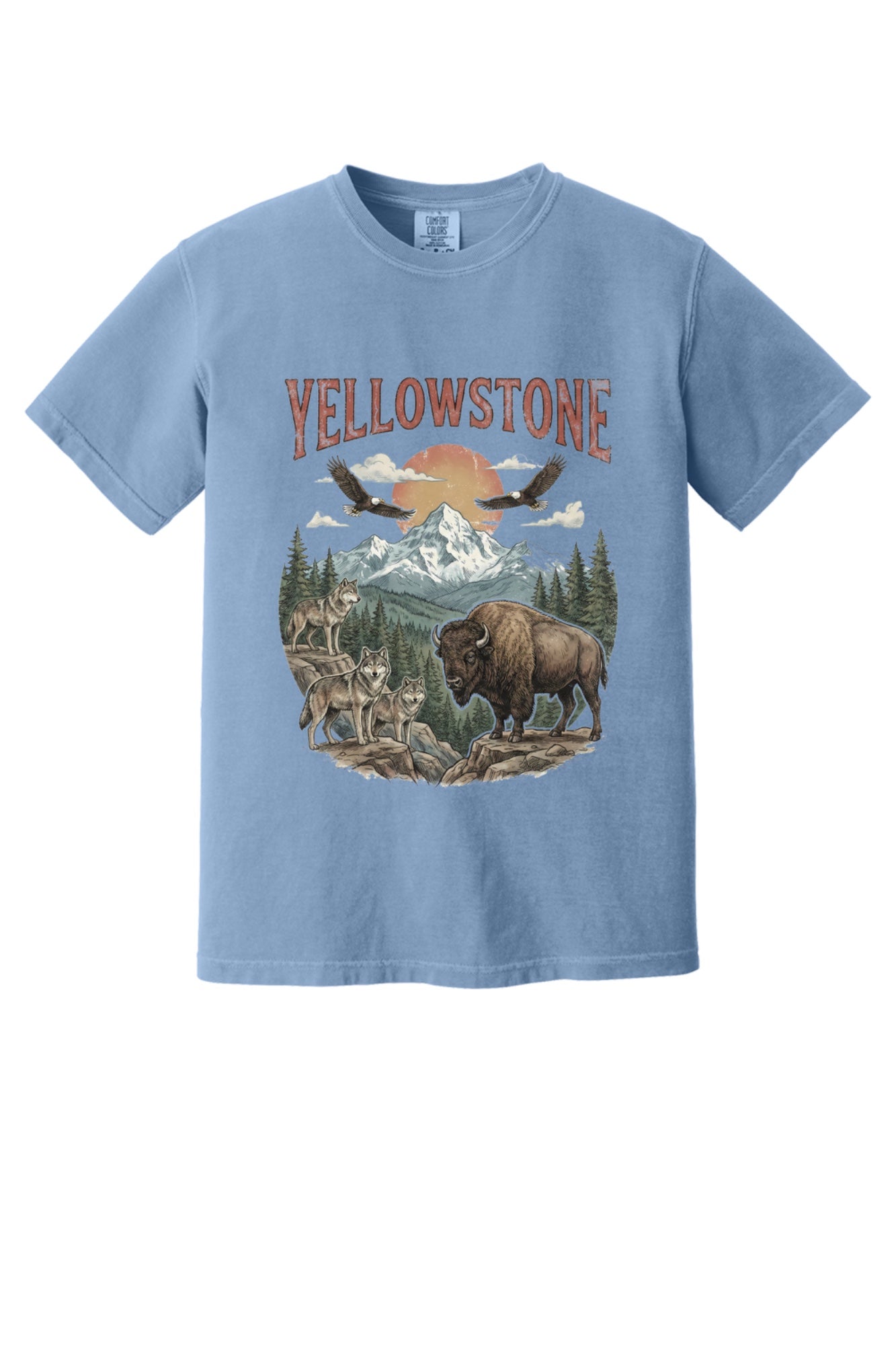 Yellowstone national park tee with wolves, bison, eagles, and mountain print on a heavyweight garment-dyed shirt in Washed Denim