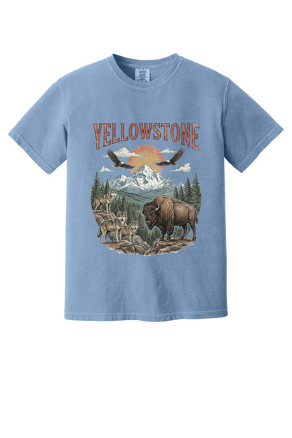 Yellowstone national park tee with wolves, bison, eagles, and mountain print on a heavyweight garment-dyed shirt in Washed Denim