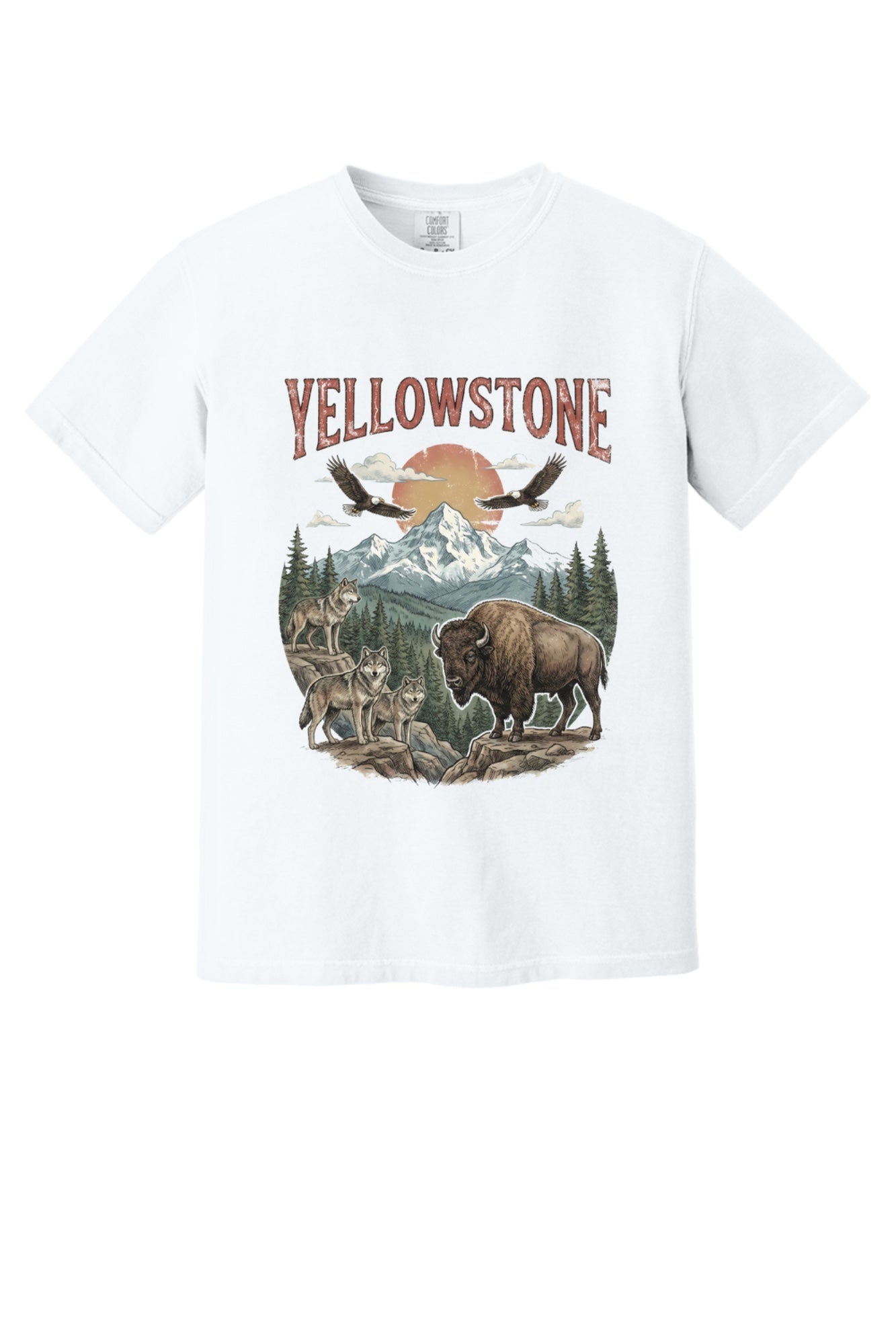 Yellowstone national park tee with wolves, bison, eagles, and mountain print on a heavyweight garment-dyed shirt in White