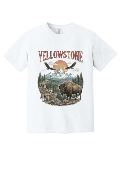 Yellowstone national park tee with wolves, bison, eagles, and mountain print on a heavyweight garment-dyed shirt in White